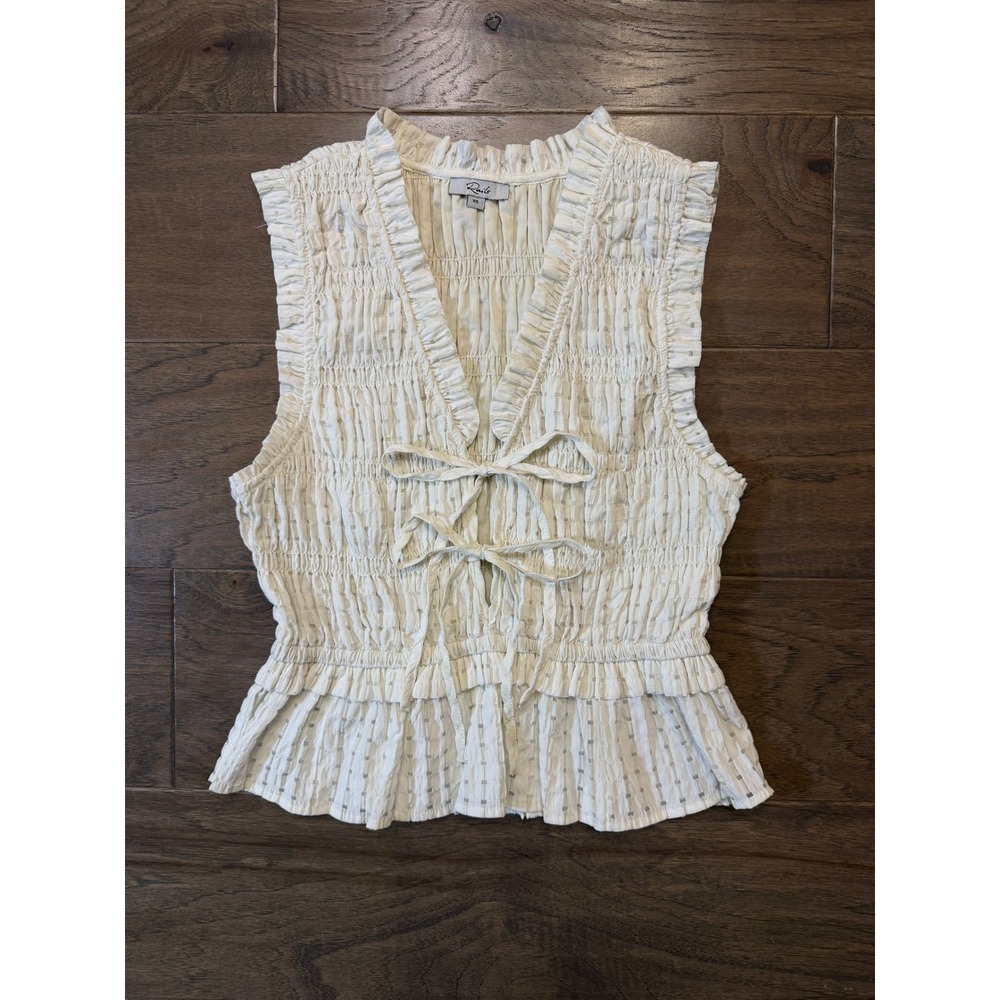 Rails Martine Ivory Seersucker Smocked Peplum Tie Front Top XS Sleeveless Blouse